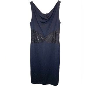 NWT St John Evening Santana Drape Neck Black Lace Middle Dress Dark Blue Size 12